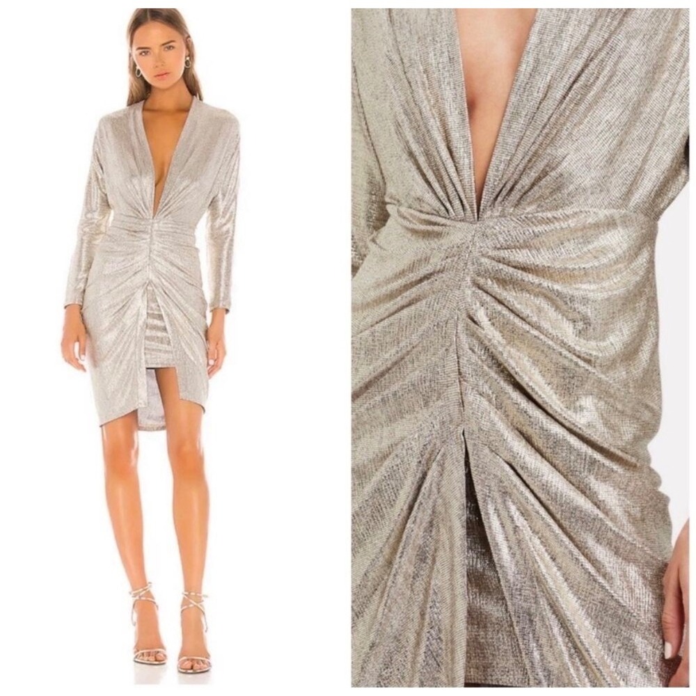 IRO Cilty Gold Metallic Lamé Plunge Mini Dress Womens XS / 34 Party Bodycon Sexy